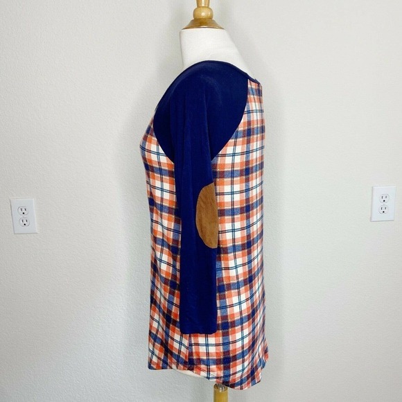 a.gain Elbow Patch 3/4 Sleeve Plaid Top - Picture 4 of 6